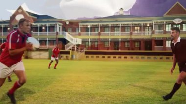 Sahada rugby oynuyor, oyuncuların dağları ve arka planda binaları var. Spor, rekabet, takım çalışması, sporcular, açık hava, etkinlik