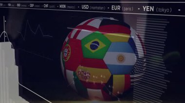 Ülke bayraklı futbol topu ve okuldaki finansal verilerin üst üste bindirilmesi. Spor, finans, eğitim, uluslararası, ekonomi ve teknoloji