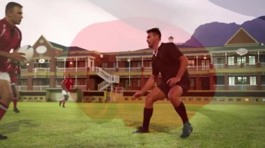 Okulda, rugby oyuncuları bayrak kaplaması ve animasyonla sahada koşuyorlar. Spor, takım çalışması, sporcular, yarışma, aksiyon