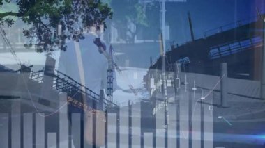 Finansal tabloların animasyonuyla yürüyen, kentsel inşaat alanındaki iş adamı. finans, teknoloji, analitik, ilerleme, yatırım