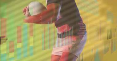 Finansal veri tabloları örtüşüyor, ragbi oyuncuları sahada iş başında. Finans, spor, takım çalışması, yatırım, rekabet, dinamik