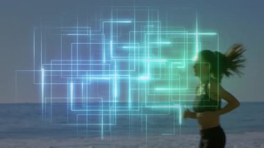 Sahilde koşan, dijital ağ animasyonu üstüste binen, aktif kalan bir kadın. Fitness, egzersiz, teknoloji, refah, yaşam tarzı, sağlık