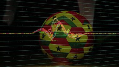 Futbol topunu animasyon tarzında kaplayan renkli veri grafikleri ve grafikleri. Analiz, istatistik, spor, veri görselleştirme, bilgi, teknoloji