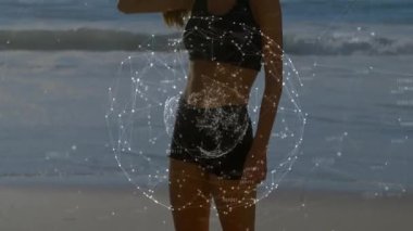 Okyanus dalgalarının yakınındaki sahilde egzersiz yapan birinin dijital ağ animasyonu. Fitness, teknoloji, bağlantı, egzersiz, sağlık, ağ