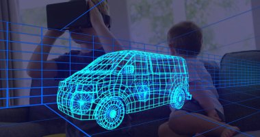 Evde VR kulaklık takan bir çocuğun üzerine 3 boyutlu teknik bir minibüs çizimi. teknoloji, tasarım ve dijital arayüz kavramı dijital olarak oluşturulmuş görüntü.