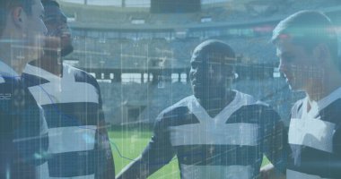 Spor stadyumundaki ragbi oyuncularının istatistik ve veri işleme görüntüleri. spor, rekabet ve veri işleme kavramı dijital olarak oluşturulmuş görüntü.