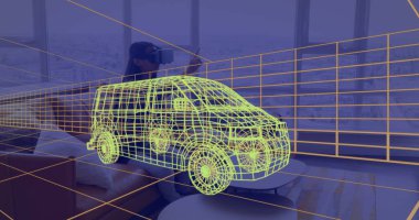 Evde VR kulaklık takan bir kadının üzerine 3 boyutlu teknik bir minibüs çizimi. teknoloji, tasarım ve dijital arayüz kavramı dijital olarak oluşturulmuş görüntü.