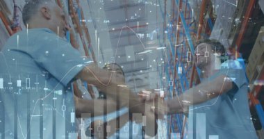 Depoda el ele tutuşan insanlarla ilgili istatistiklerin mali veri işleme görüntüsü. küresel gönderim ve bağlantılar konsepti dijital olarak oluşturulmuş görüntü.