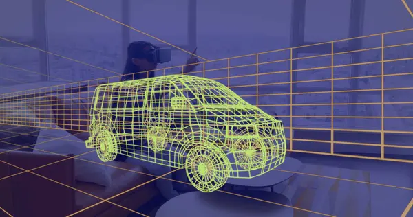 Evde VR kulaklık takan bir kadının üzerine 3 boyutlu teknik bir minibüs çizimi. teknoloji, tasarım ve dijital arayüz kavramı dijital olarak oluşturulmuş görüntü.