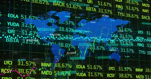 Dünya haritası üzerinde finansal veri işleme resmi. küresel iş, finans, veri işleme ve teknoloji konsepti dijital olarak oluşturulmuş görüntü.