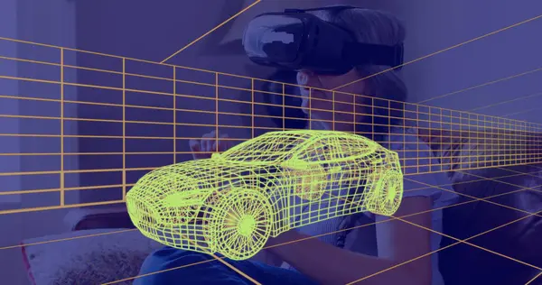 Evde VR kulaklık takan bir kadının üzerine 3 boyutlu teknik bir araba çizimi. teknoloji, tasarım ve dijital arayüz kavramı dijital olarak oluşturulmuş görüntü.
