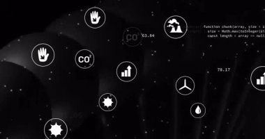 Siyah beyaz arka planda veri işleme animasyonuna sahip çevre simgeleri. Teknoloji, fütüristik, soyut, yenilik