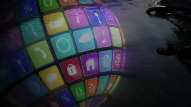 Günbatımı animasyonunda sakin göl üzerinde yüzen renkli uygulama simgeleri oluşturuyorlar. teknoloji, dijital, yaratıcılık, canlı, soyut, sakin
