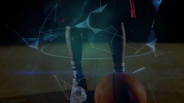 Dijital dünya ve ağ bağlantılarının animasyonuna sahip basketbol oyuncusu. Spor, atlet, teknoloji, fütüristik, yenilik