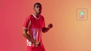 Okulda, kırmızı spor kıyafetleriyle turuncu arka planda spor yapan bir sporcu vardı. İllüstrasyon, aktif giysi, canlı, yaratıcı, dinamik