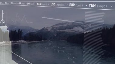 Finansal veriler ve döviz kuru karlı dağ manzarası üzerindeki animasyon oranlarını gösteriyor. Finans, ekonomi, küreselleşme, doğa, teknoloji, analitik