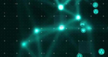 Ekrandaki simgeler ve ızgara çizgileriyle parlayan dijital arayüzün animasyonu. Teknoloji, yenilik, fütüristik, ağ, siber, sanal