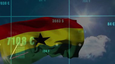 Bulutlu gökyüzünü kaplayan finansal grafikli Ganalı bayrağın animasyonu. Maliye, ekonomi, borsa, veri analizleri, yatırım, ulusal