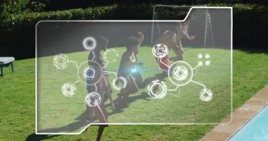 Havuza atlarken, arka planda dijital ağ animasyonu olan insanlar var. Teknoloji, eğlence, yüzme, bağlantı, eğlence, hareket