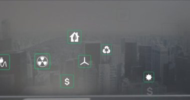 Çevresel simgelerin şehir manzarası üzerinde canlandırılması, sürdürülebilirlik ve enerji kavramlarını gösteriyor. Çevre dostu, yenilenebilir, korunabilir, yeşil, kentsel, teknoloji