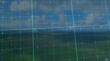 Şebeke, bulutlar ve tarlalar ile manzaralı manzaranın üzerinde animasyon oluşturur. Doğa, gökyüzü, dijital, desen