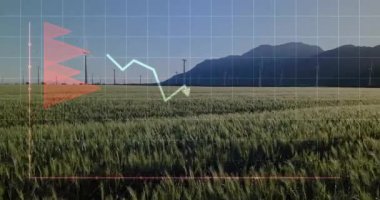 Dağlı yeşil alandaki rüzgar türbinleri üzerinde grafik ve veri animasyonu. Yenilenebilir enerji, sürdürülebilirlik, temiz, güç, teknoloji