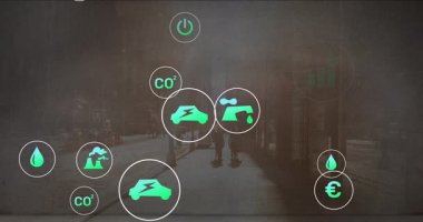 Çevresel simgelerin ve veri grafiklerinin oluşturulduğu şehir sokak sahnesi. Sürdürülebilirlik, teknoloji, şehir manzarası, yeşil enerji, akıllı şehir, kentleşme