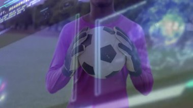 Dijital veri ve grafiklerle futbol topunu tutan kaleci animasyonu örtüyor. analitik, spor teknolojisi, performans, yenilik, veri güdümlü