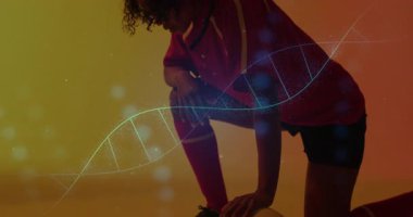 Renkli arka planda DNA dizisi animasyonu olan spor kıyafetleri giyen biri. Genetik, zindelik, biyoteknoloji, sağlık, bilim, araştırma