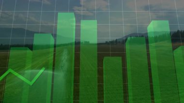 Dağlarla çevrili manzaralı kırsal alanda yeşil finansal grafik animasyonu. Finans, ekonomi, büyüme, sürdürülebilirlik, doğa, yatırım