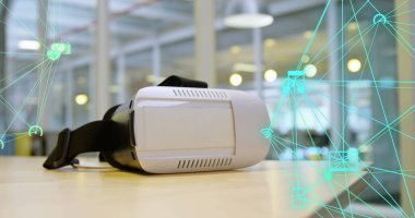 VR kulaklık üzerinden bağlantı ağının resmi. küresel veri işleme, dijital arayüz, teknoloji ve ağ konsepti dijital olarak oluşturuldu