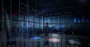 İstatistik ve mali veri işleme görüntüsü. küresel finansman, iş dünyası, dijital arayüz ve dijital olarak üretilen görüntü konsepti.