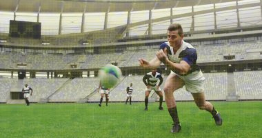 Stadyumdaki erkek rugby oyuncularının üzerindeki açık sarı ızgara görüntüsü. spor ve yarışma konsepti dijital olarak oluşturulmuş görüntü.