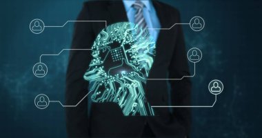 Dijital yapay zeka arayüzü olan takım elbiseli bir işadamı, insan ağıyla bağlantı kuruyor. Teknoloji, yenilik, ağ, bağlantı, yapay zeka, iletişim