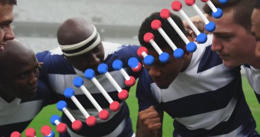 Stadyumdaki erkek rugby oyuncularının üzerindeki DNA ipliği. spor ve yarışma konsepti dijital olarak oluşturulmuş görüntü.