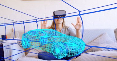 Evde VR kulaklık takan bir kadının üzerine 3 boyutlu teknik bir araba çizimi. teknoloji, tasarım ve dijital arayüz kavramı dijital olarak oluşturulmuş görüntü.