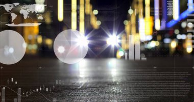 Şehir manzarası üzerindeki istatistiklerin resmi. business, data işleme, bağlantı, teknoloji ve dijital arayüz kavramı dijital olarak oluşturuldu.