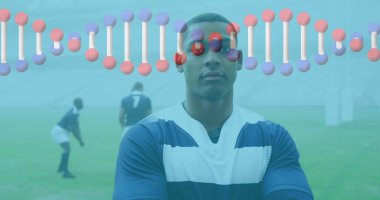 Rugby oyuncuları üzerinde DNA ipliği. global spor, teknoloji, dijital arayüz ve bağlantılar konsepti dijital olarak oluşturulmuş görüntü.