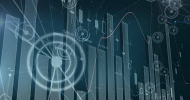 Image of statistics and data processing on blue background. global business, digital interface and technology concept digitally generated image.