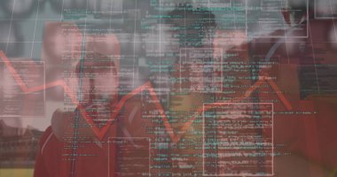 Spor stadyumundaki rugby oyuncuları üzerinde kırmızı çizgi ve veri işleme görüntüsü. spor, rekabet ve veri işleme kavramı dijital olarak oluşturulmuş görüntü.