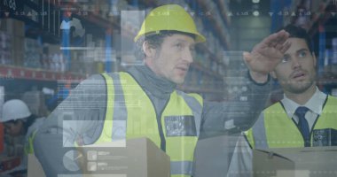 Depoda çalışan adamların istatistik ve mali veri işleme görüntüleri. küresel gönderim ve bağlantılar konsepti dijital olarak oluşturulmuş görüntü.