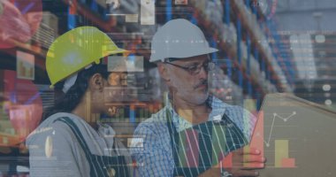 Depoda çalışan kadın ve erkeğin istatistik ve mali veri işleme görüntüsü. küresel gönderim ve bağlantılar konsepti dijital olarak oluşturulmuş görüntü.