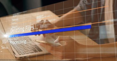 Ofisteki iş kadınının veri işleme görüntüsü. iletişim teknolojisi, veri paylaşımı ve dijital arayüz konsepti dijital olarak oluşturulmuş görüntü.