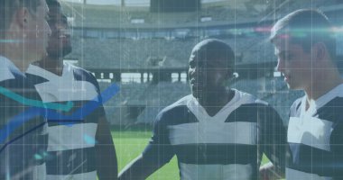 Spor stadyumundaki ragbi oyuncusunun istatistik ve veri işleme görüntüsü. küresel spor, rekabet ve veri işleme kavramı dijital olarak oluşturulmuş görüntü.