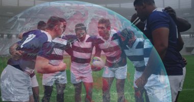 Rugby oyuncuları üzerinde veri işleme olan dünya görüntüsü. küresel tıbbi araştırma teknolojisi ve spor konsepti dijital olarak üretilen görüntü.