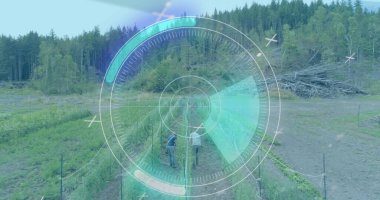 Çiftlikteki insanları tarayan bir kamera görüntüsü. küresel çevre, yeşil enerji ve dijital arayüz kavramı dijital olarak oluşturulmuş görüntü.