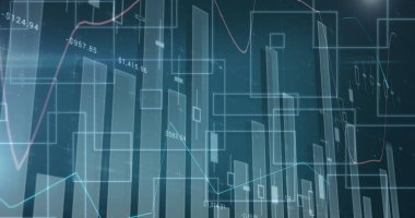 Image of statistics and data processing on blue background. global business, digital interface and technology concept digitally generated image.