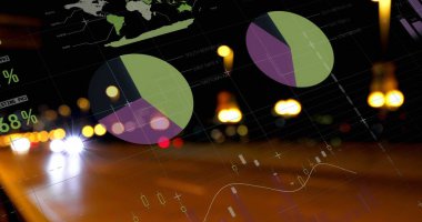 Odak ışıkları ve şehir manzarası dışında istatistiklerin işleniş görüntüsü. business, data işleme, bağlantı, teknoloji ve dijital arayüz kavramı dijital olarak oluşturuldu.