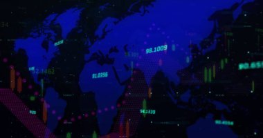 İstatistiklerin ve sayıların resmi, dünya haritası üzerinde finansal veri işleme. küresel finansman, iş dünyası, dijital arayüz ve dijital olarak üretilen görüntü konsepti.