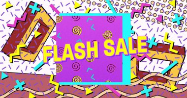 Parlak renkli retro desenli sarı harflerle satılan metin resmi. alışveriş, perakende ve tasarruf konsepti dijital olarak oluşturulmuş görüntü.